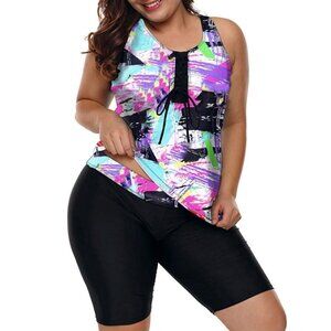 Flamingo Swim Top & Shorts 2pc Neon 90s Bathing Suit Stretch Pink Blue Black